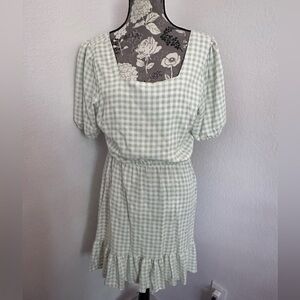 Light Green Gingham Midi Dress with Ruffle Hem